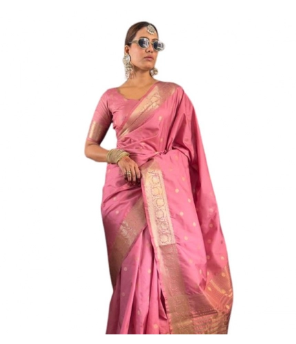 Generic Women's Satin Printed Saree With Unstitched Blouse 5.5Mtr (Pink)