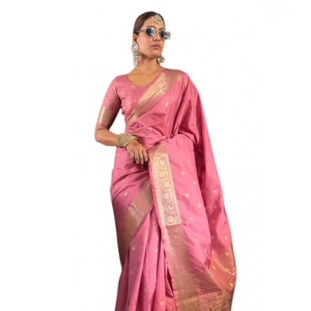 Generic Women's Satin Printed Saree With Unstitched Blouse 5.5Mtr (Pink)