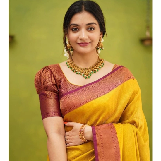 Generic Women's Soft Litchi Silk Jacquard Work Saree With Unstitched Blouse 5.5Mtr (Yellow) Generic Women's Soft Litchi Silk Jacquard Work Saree With Unstitched Blouse 5.5Mtr (Yellow)