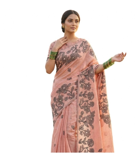 Generic Women's Linen Cotton Printed Saree With Unstitched Blouse 5.5Mtr (Peach)