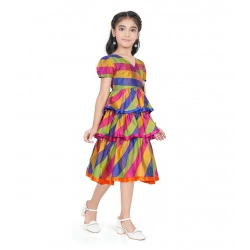 Generic Girl's Taffeta Silk Striped Short Sleeve V Neck Dress (Multicolor)
