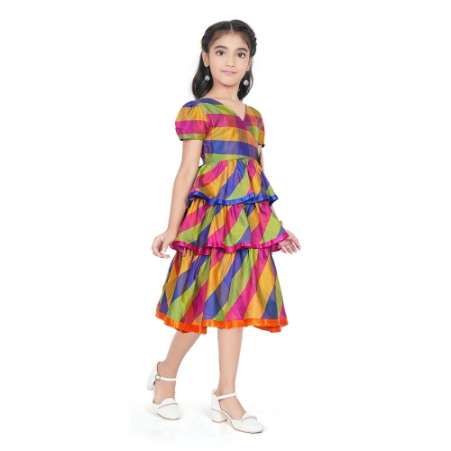 Generic Girl's Taffeta Silk Striped Short Sleeve V Neck Dress (Multicolor)