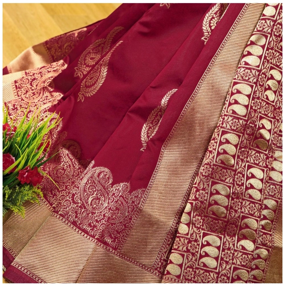 Generic Women's Soft Litchi Silk Jacquard Work Saree With Unstitched Blouse 5.5Mtr (Maroon)