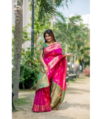 Generic Women's Katan_Silk Zari_Weaving Saree With Unstitched Blouse 5.5Mtr (Pink)