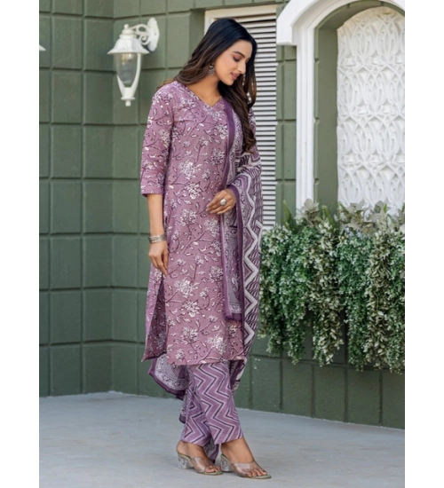 Generic Women's Cotton Blend Printed Kurti With Pant Dupatta Set (Lavender)