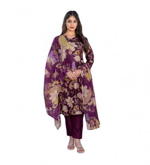 Generic Women's Cotton Blend Printed Kurti With Pant Dupatta Set (Purple)