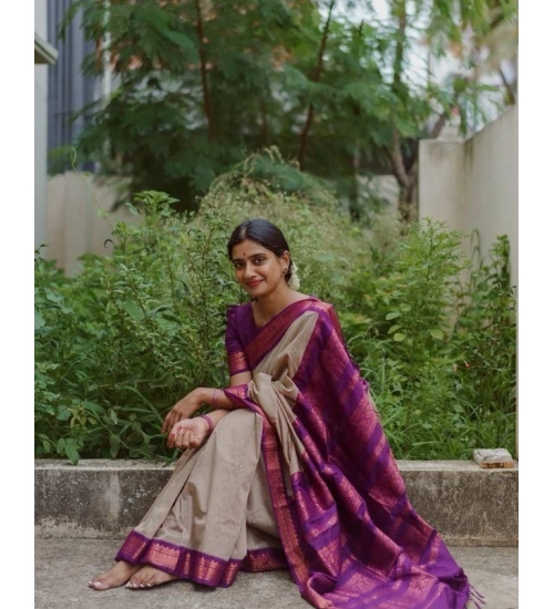 Generic Women's Soft Litchi Silk Jacquard Work Saree With Unstitched Blouse 5.5Mtr (Gray)