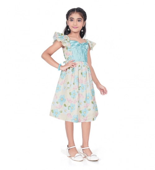Girl's Popcorn Printed Short Sleeve Squre Neck Dress (Sky Blue)