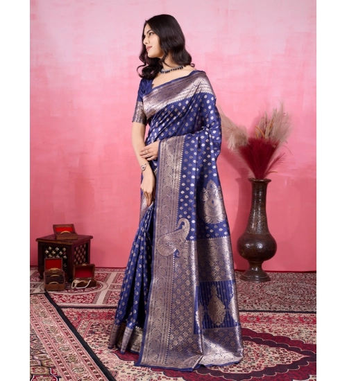 Generic Women's Banarasi Silk Printed Saree With Unstitched Blouse 5.5Mtr (Blue)
