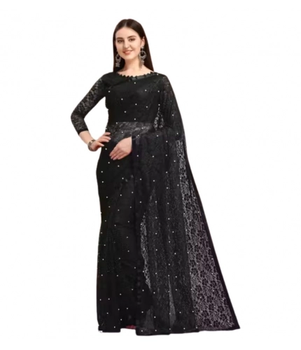 Generic Women's Net Self Design Saree With Unstitched Blouse 5.5Mtr (Black)