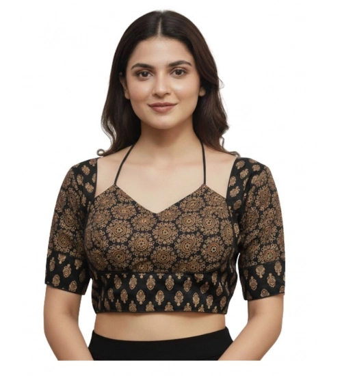 Generic Women's Ajrakh Cotton Printed Sweetheart Padded Blouse (Black 38 Ready (Self Alterable 36–40)