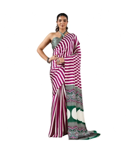 Generic Women's Satin Crepe Printed Saree With Unstitched Blouse 5.5Mtr (Magenta)