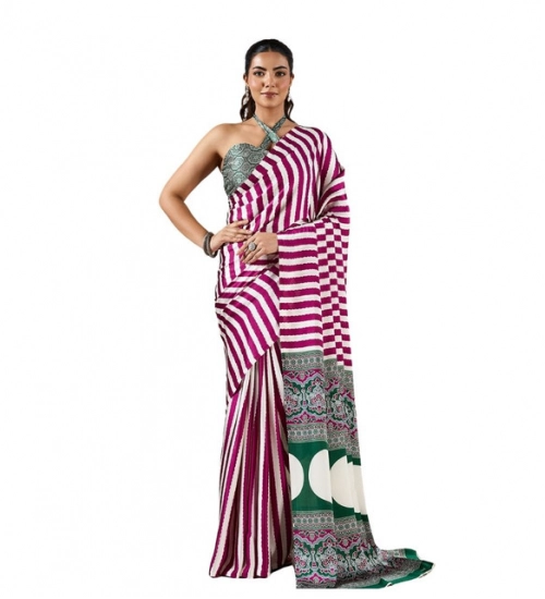 Generic Women's Satin Crepe Printed Saree With Unstitched Blouse 5.5Mtr (Magenta)