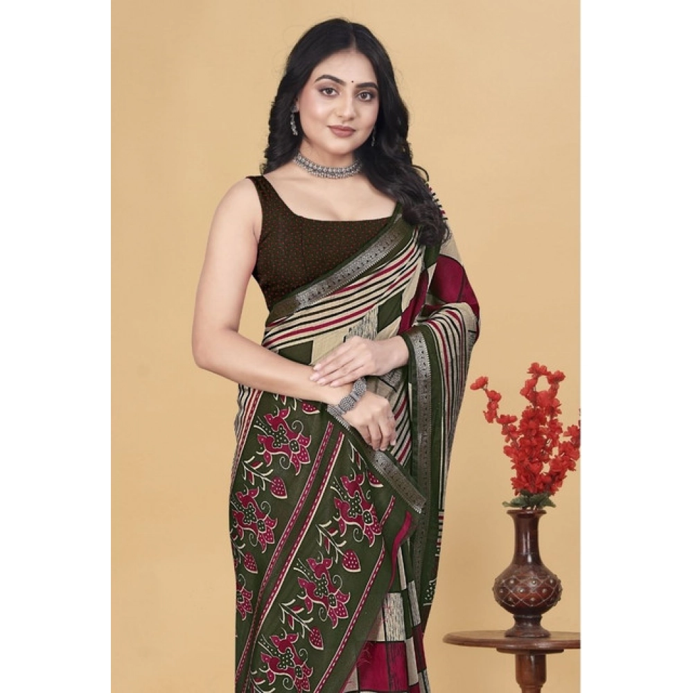 Women’s Dupion Silk Block Printed Saree With Unstitched Blouse 5.5Mtr (Multicolor)