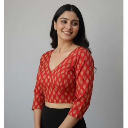 Generic Women's Ajrakh Cotton Printed Halter Neck Padded Blouse (Red 38 Ready (Self Alterable 36–40)