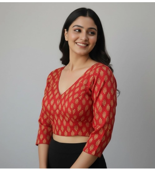 Generic Women's Ajrakh Cotton Printed Halter Neck Padded Blouse (Red 38 Ready (Self Alterable 36–40)