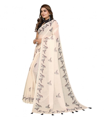 Generic Women's Linen Cotton Printed Saree With Unstitched Blouse 5.5Mtr (Off White)