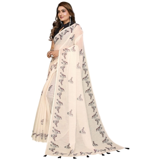 Generic Women's Linen Cotton Printed Saree With Unstitched Blouse 5.5Mtr (Off White) Generic Women's Linen Cotton Printed Saree With Unstitched Blouse 5.5Mtr (Off White)