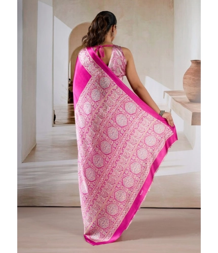 Generic Women's Satin Crepe Printed Saree With Unstitched Blouse 5.5Mtr (Pink)