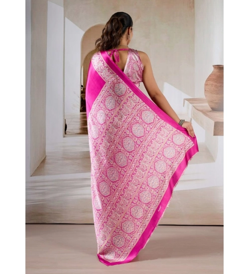 Generic Women's Satin Crepe Printed Saree With Unstitched Blouse 5.5Mtr (Pink)
