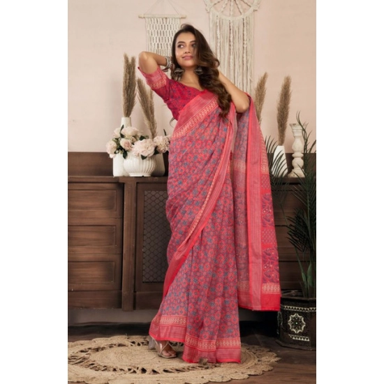 Generic Women's Faux Linen Geometric Print Ready to wear Saree With Unstitched Blouse 5.5Mtr (Red) Generic Women's Faux Linen Geometric Print Ready to wear Saree With Unstitched Blouse 5.5Mtr (Red)