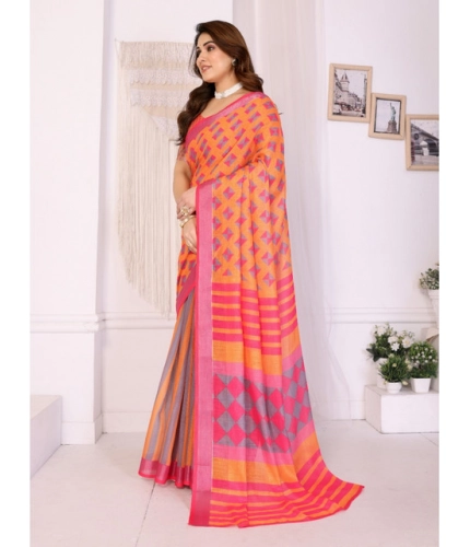 Generic Women's Linen Cotton  Printed Saree With Unstitched Blouse 5.5Mtr (Orange )
