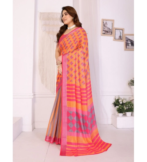 Generic Women's Linen Cotton Printed Saree With Unstitched Blouse 5.5Mtr (Orange ) Generic Women's Linen Cotton Printed Saree With Unstitched Blouse 5.5Mtr (Orange )