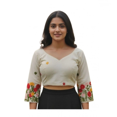 Generic Women's Cambric Cotton Round Neck Padded Blouse (White, 38 Ready Size (Self-Alterable 36–40)