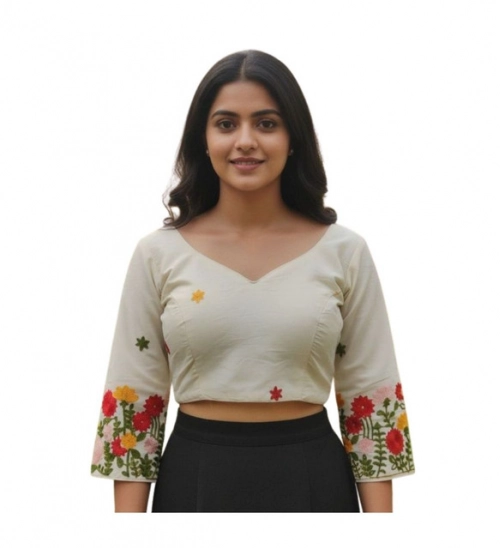 Generic Women's Cambric Cotton Round Neck Padded Blouse (White, 38 Ready Size (Self-Alterable 36–40)