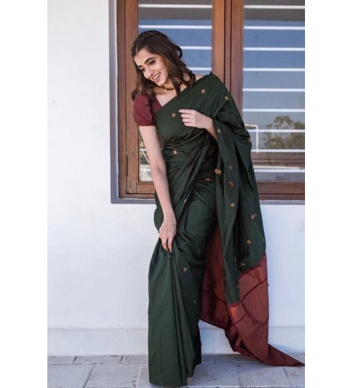 Generic Women's Litchi silk Printed Saree With Unstitched Blouse (Dark Green)