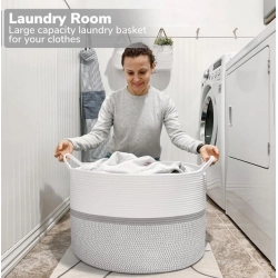 Generic Cotton Dori 16x14 Inch Storage Basket For Clothes With Out Lid (White-Gray-White)