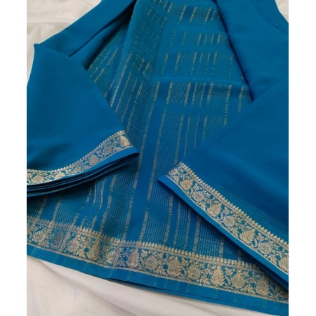 Generic Women's Crepe Chit Pallu Solid Saree With Unstitched Blouse 5.5Mtr (teal blue)