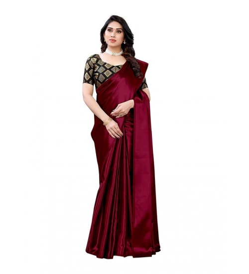 Generic Women's Satin Printed Saree With Unstitched Blouse 5.5Mtr (Maroon)