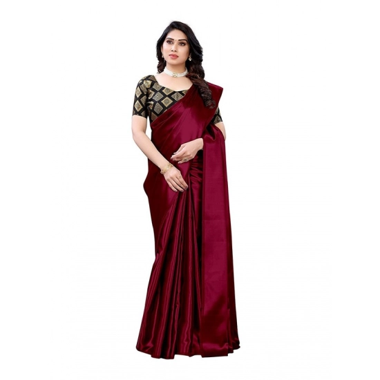Generic Women's Satin Printed Saree With Unstitched Blouse 5.5Mtr (Maroon)