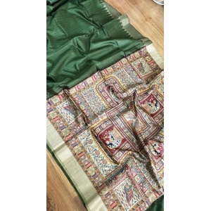 Generic Women's Tussar Silk Madhubani Saree With Unstitched Blouse 5.5Mtr (Green)