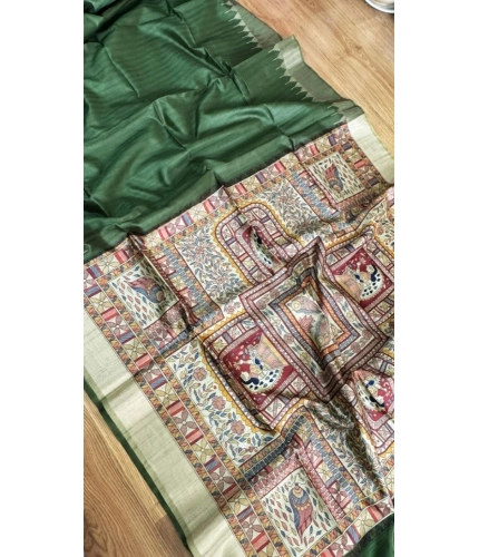 Generic Women's Tussar Silk Madhubani Saree With Unstitched Blouse 5.5Mtr (Green)