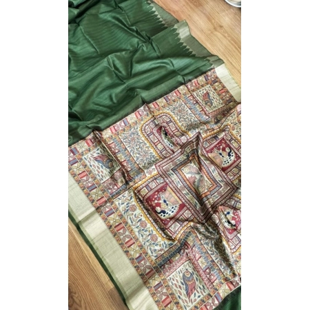 Generic Women's Tussar Silk Madhubani Saree With Unstitched Blouse 5.5Mtr (Green)