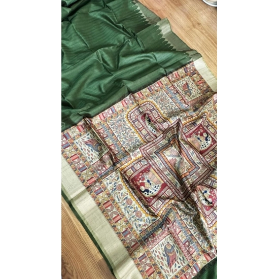 Generic Women's Tussar Silk Madhubani Saree With Unstitched Blouse 5.5Mtr (Green)