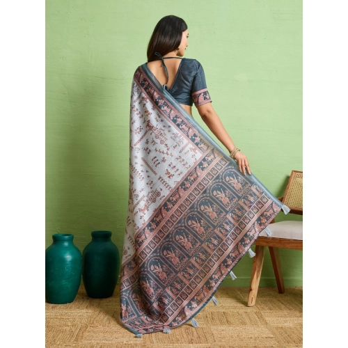 Women's Silk Blend Printed Saree With Unstitched Blouse 5.5Mtr (Grey) Women's Silk Blend Printed Saree With Unstitched Blouse 5.5Mtr (Grey)
