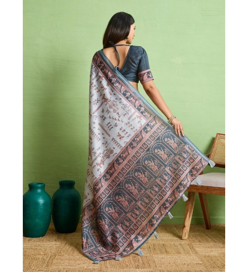 Generic Women's Silk Blend Printed Saree With Unstitched Blouse 5.5Mtr (Grey)