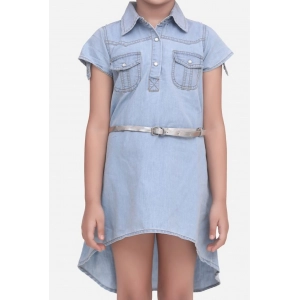 Generic Girl's Denim Hi Lo Short Sleeve Dress with Belt (Blue)