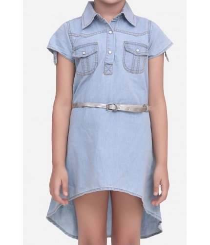 Generic Girl's Denim Hi Lo Short Sleeve Dress with Belt (Blue)