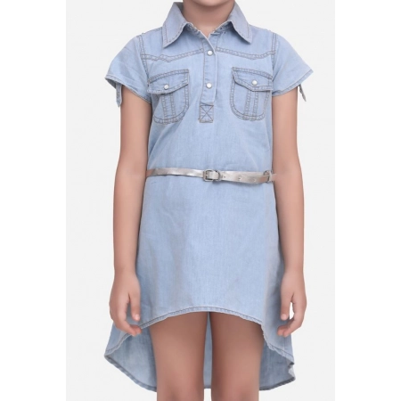 Generic Girl's Denim Hi Lo Short Sleeve Dress with Belt (Blue)