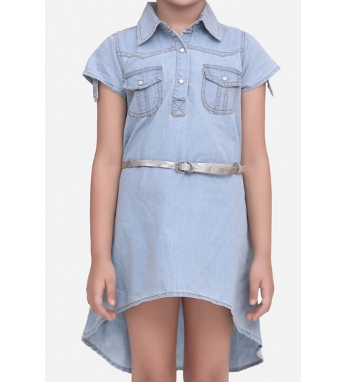 Generic Girl's Denim Hi Lo Short Sleeve Dress with Belt (Blue)