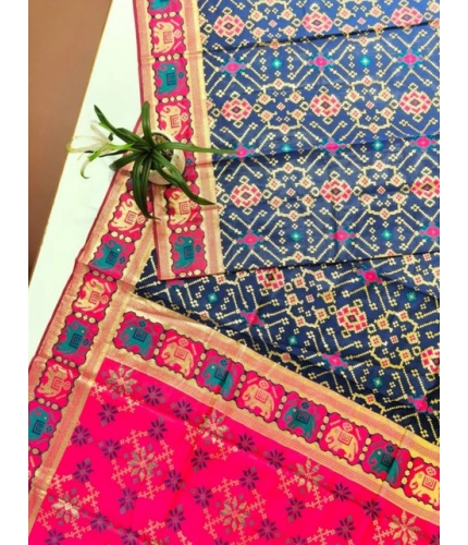 Generic Women's Patola Silk Meena And Zari Woven Saree With Unstitched Blouse 5.5Mtr (Navy)