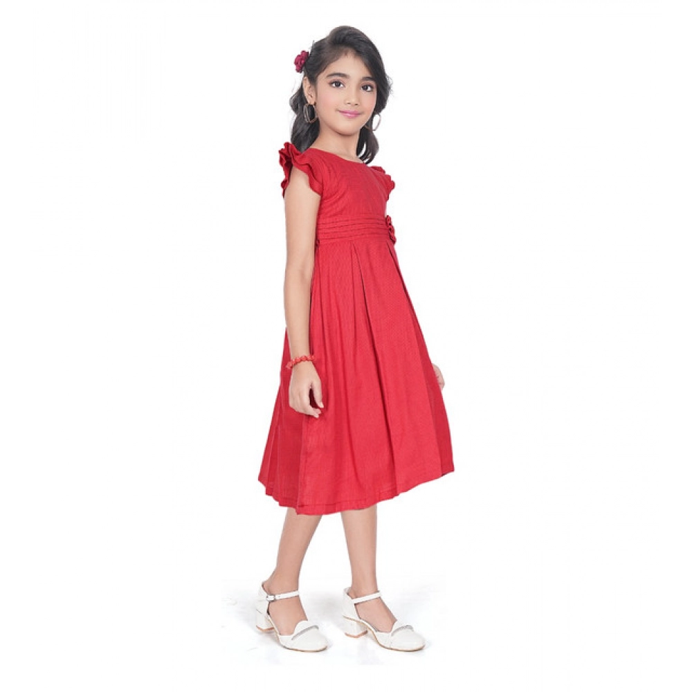 Generic Girl's Rayon Soild Short Sleeve Round Neck Dress (Red) Generic Girl's Rayon Soild Short Sleeve Round Neck Dress (Red)