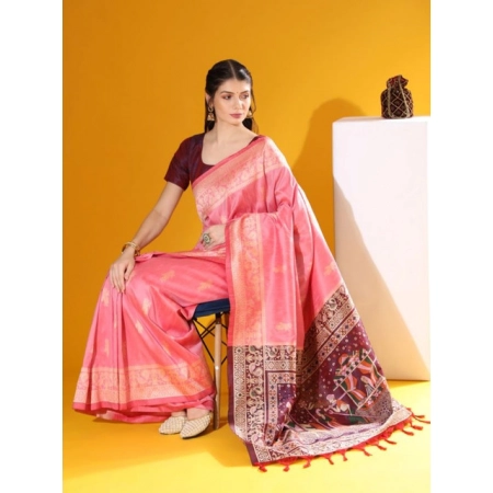 Generic Women's Raw_Silk Woven_Motif Saree With Unstitched Blouse 5.5Mtr (Pink)