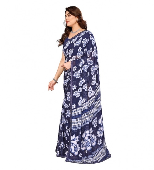 Generic Women's Georgette Printed Saree With Unstitched Blouse 5.5Mtr (Blue)