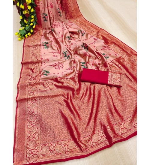 Generic Women's Soft Litchi Silk Jacquard Work Saree With Unstitched Blouse 5.5Mtr (Pink)