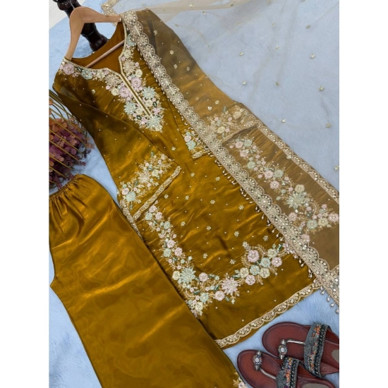 Generic Women's Silk Embroidered 3/4th Sleeve Round Kurti With Palazzo Pant and Dupatta Set (Gold) Generic Women's Silk Embroidered 3/4th Sleeve Round Kurti With Palazzo Pant and Dupatta Set (Gold)